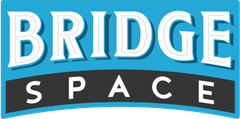 A blue and white logo for bridge space.