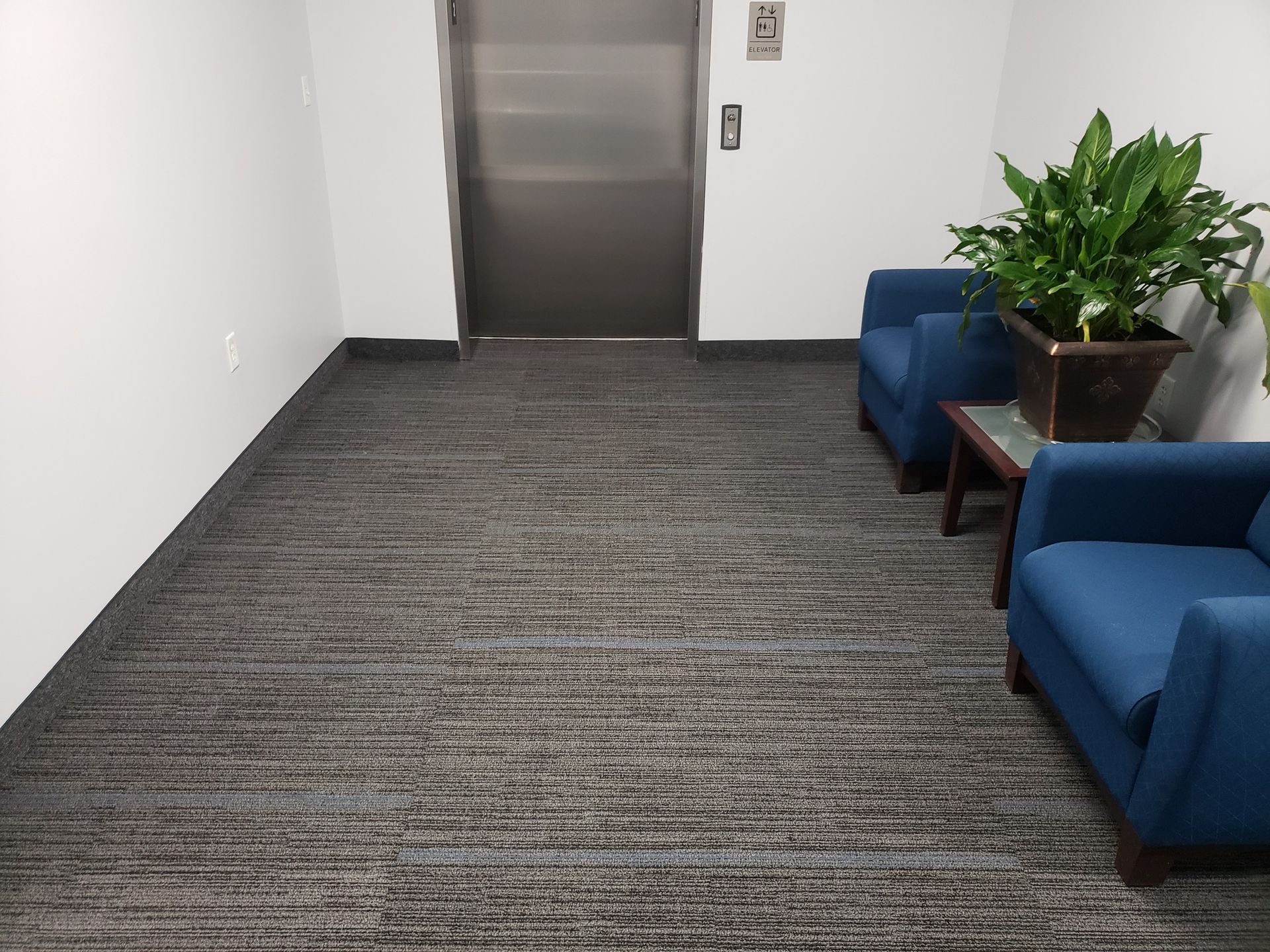 a hallway with chairs and a plant in front of an elevator