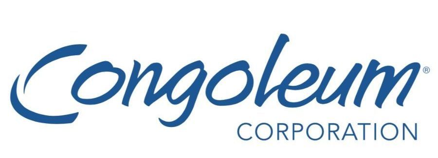 the logo for congoleum corporation is blue and white on a white background .