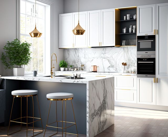 a kitchen with white cabinets and gold stools