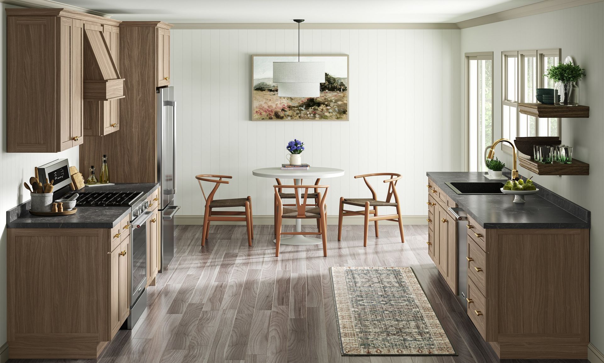 a kitchen with wooden cabinets and stainless steel appliances