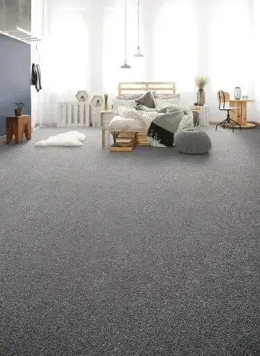 a bedroom with a gray carpeted floor and a bed .