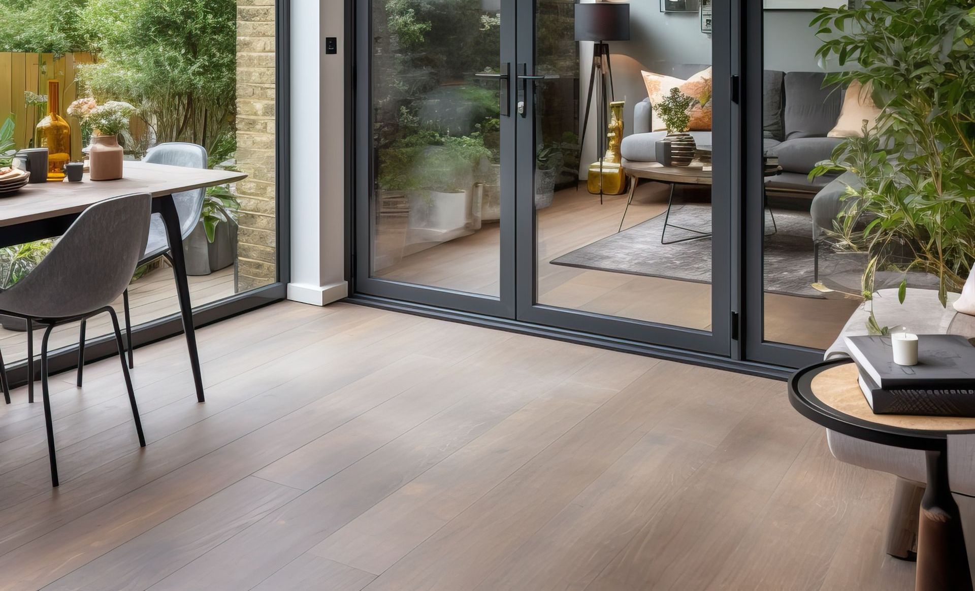 A living room with hardwood floors and sliding glass doors leading to a patio.