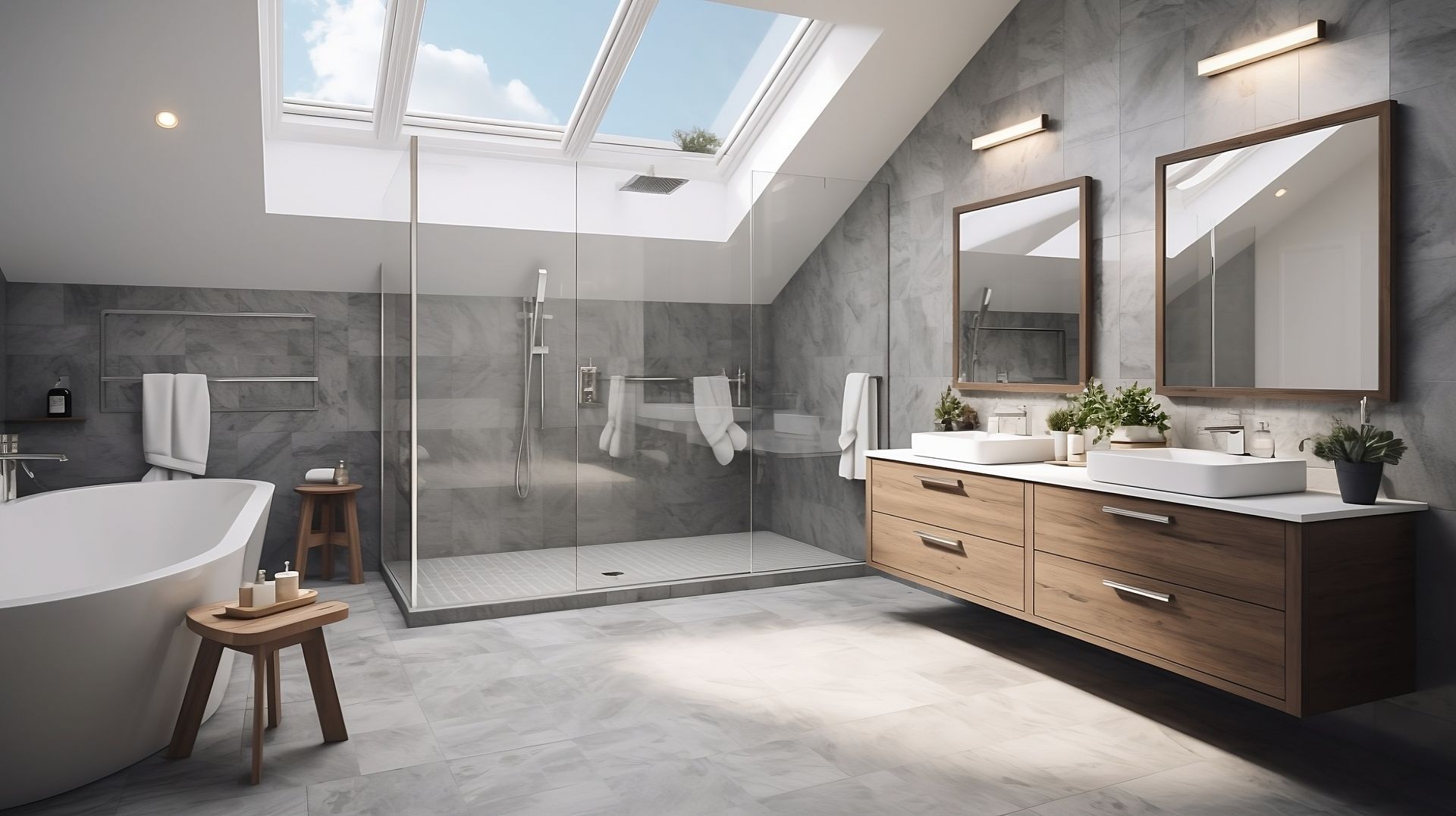 a bathroom with two sinks and a skylight