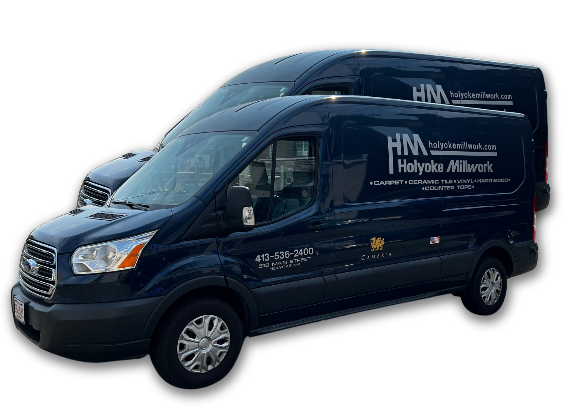 a navy blue van that says holyoke millwork on the side