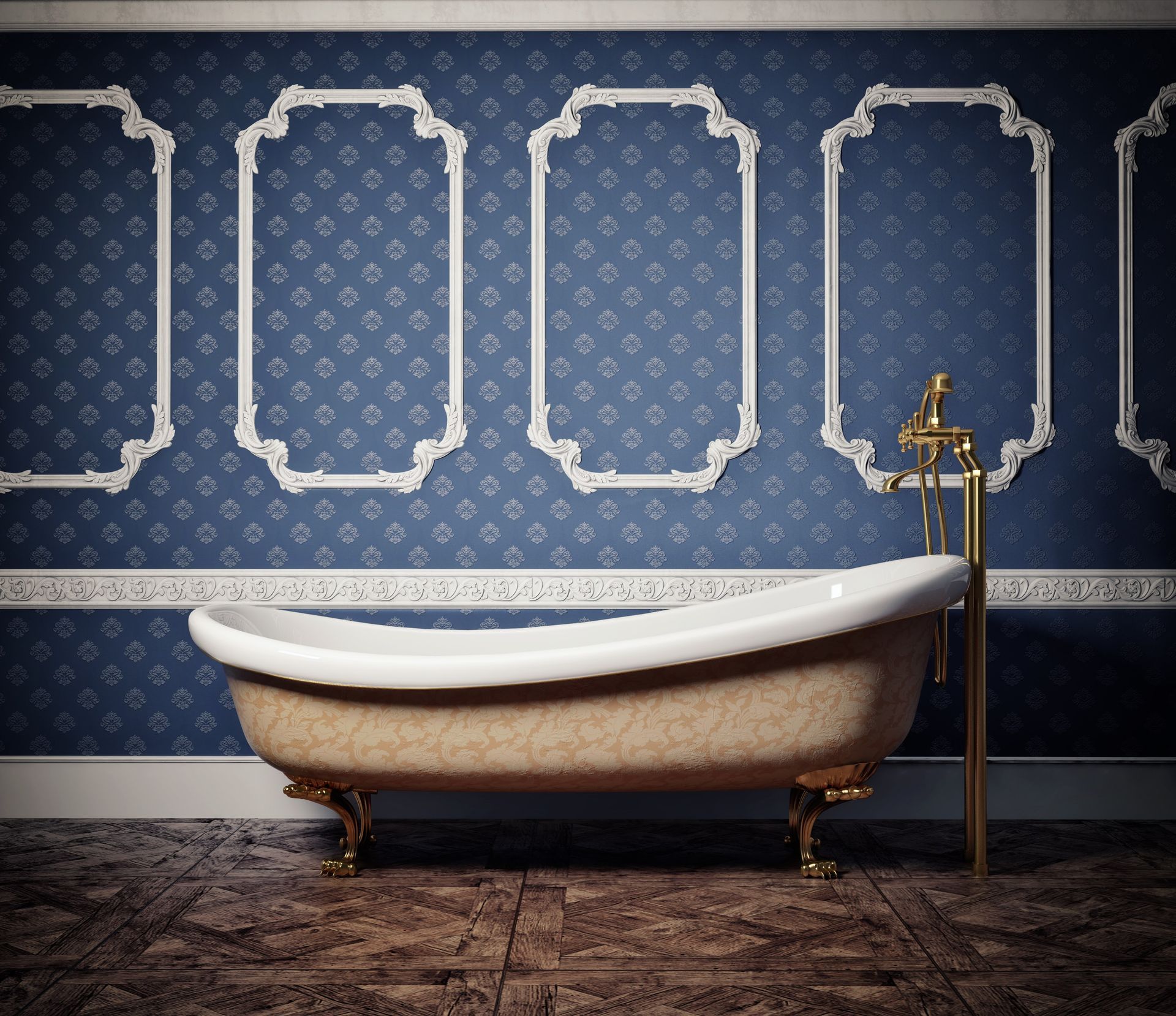 Clawfoot bathtub with gold fixtures in a blue patterned room with white decorative frames on wall.