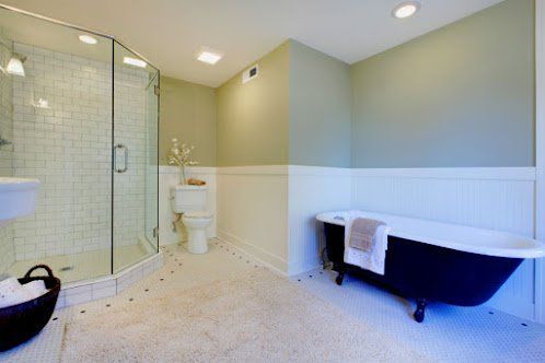 Bathroom with a glass shower, toilet, and a dark blue clawfoot tub against light green and white walls.