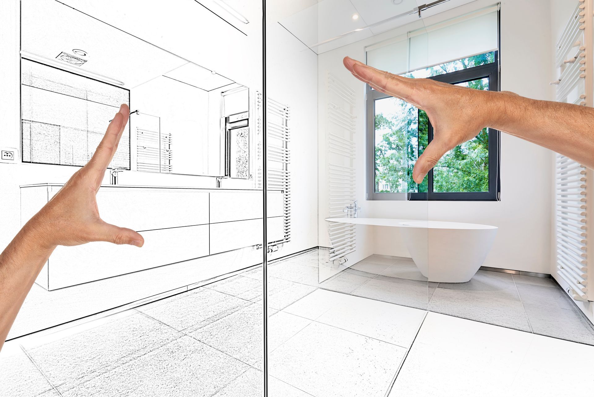Hands framing a bathroom redesign concept with a sketch transitioning into a finished room.