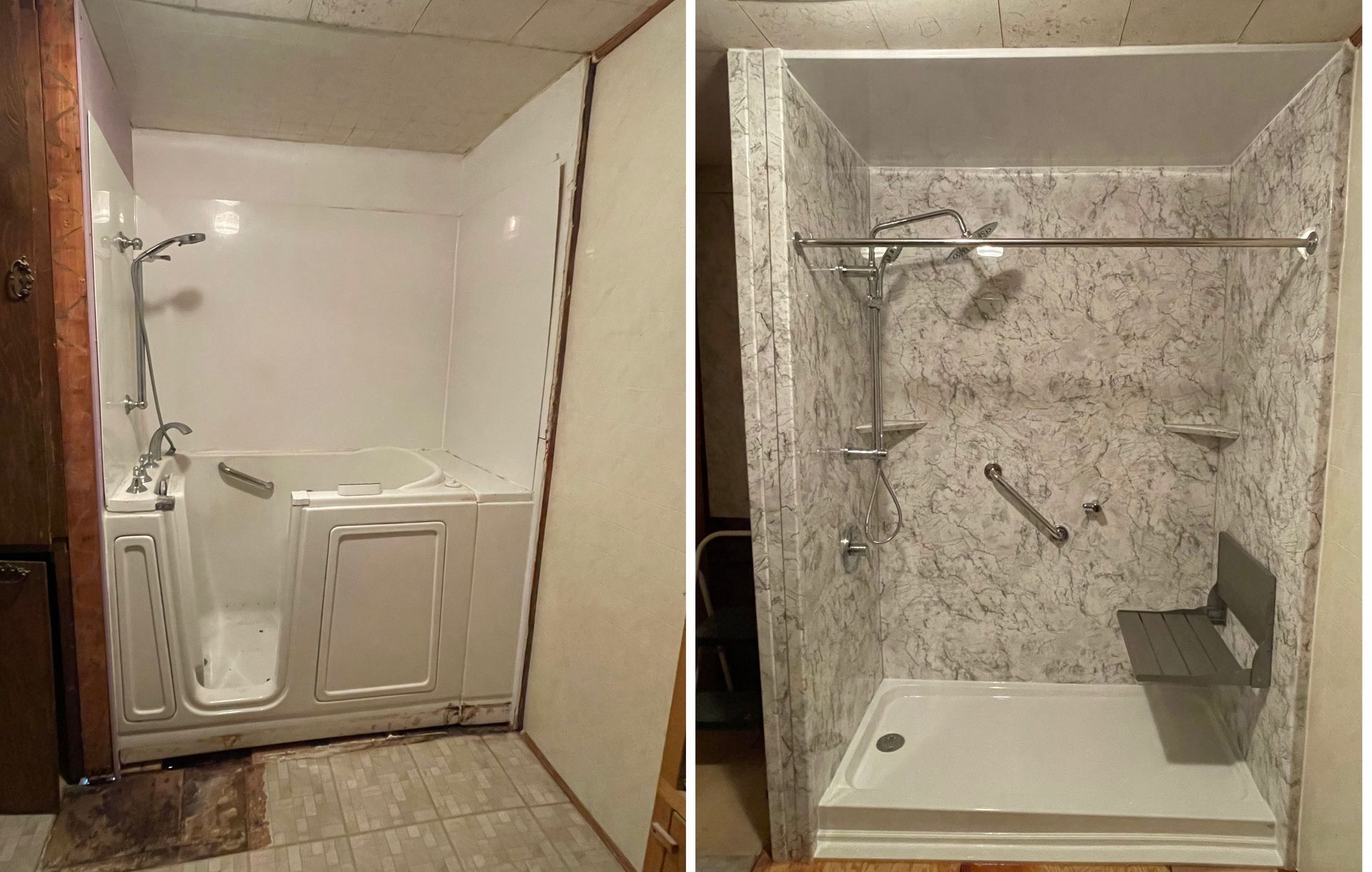 A before and after picture of a walk in shower.