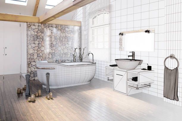 A bathroom with a bathtub , sink , mirror and towel rack.