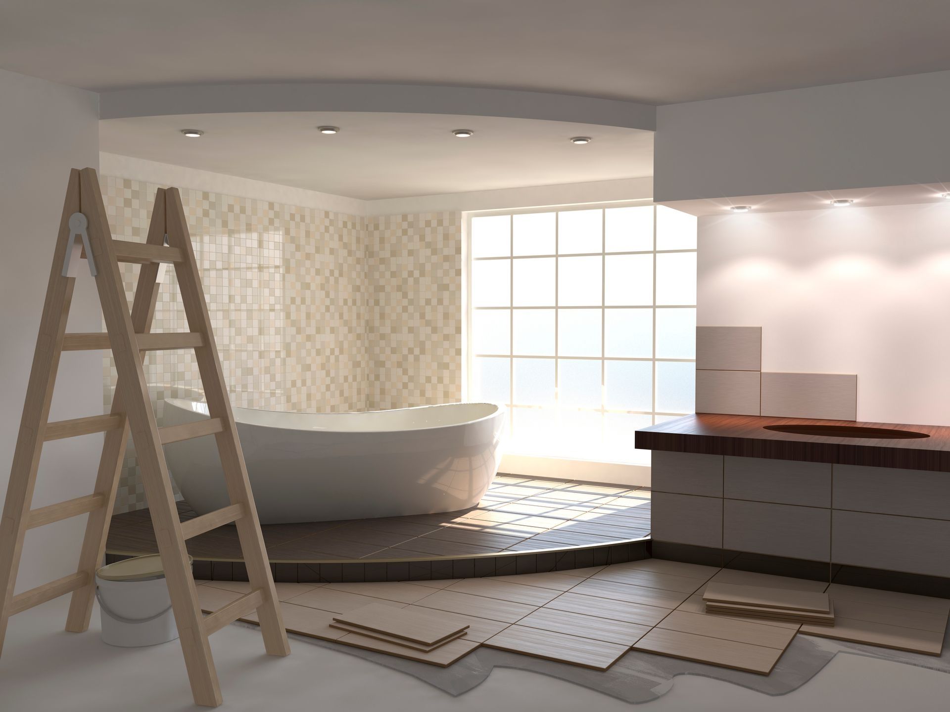 A bathroom under construction with a bathtub and a ladder A bathroom under construction with a bathtub and a ladder