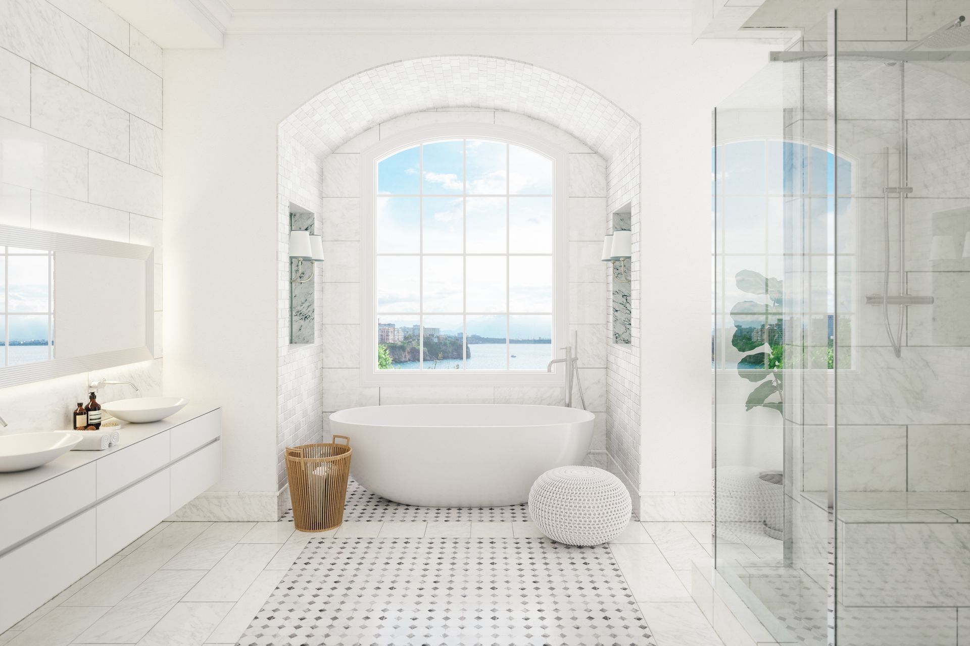 A bathroom with a bathtub, sinks, mirrors and a walk in shower. A bathroom with a bathtub, sinks, mirrors and a walk in shower.