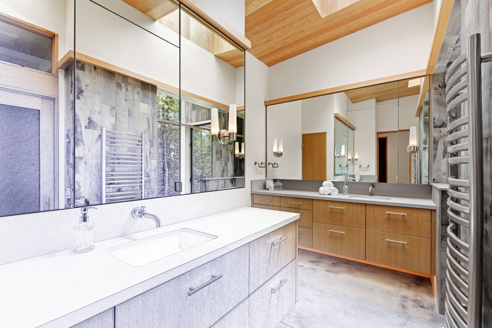 A bathroom with two sinks and a large mirror A bathroom with two sinks and a large mirror