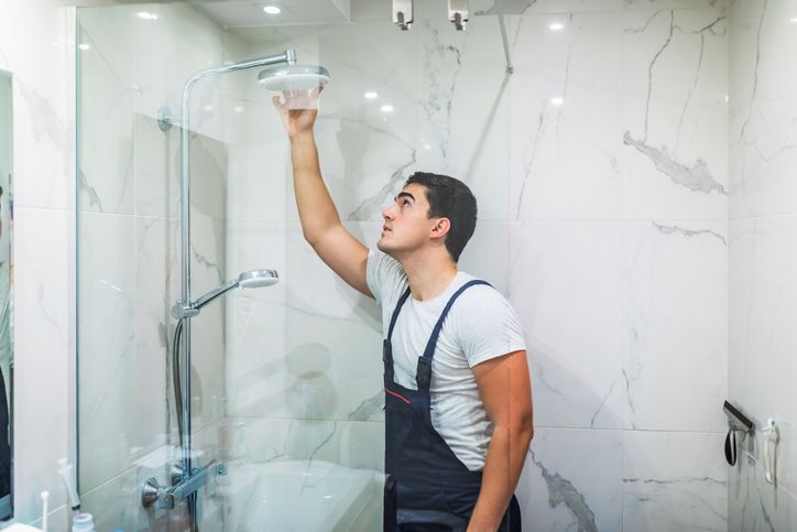 A male shower remodeler replacing a showerhead in a residential bathroom.