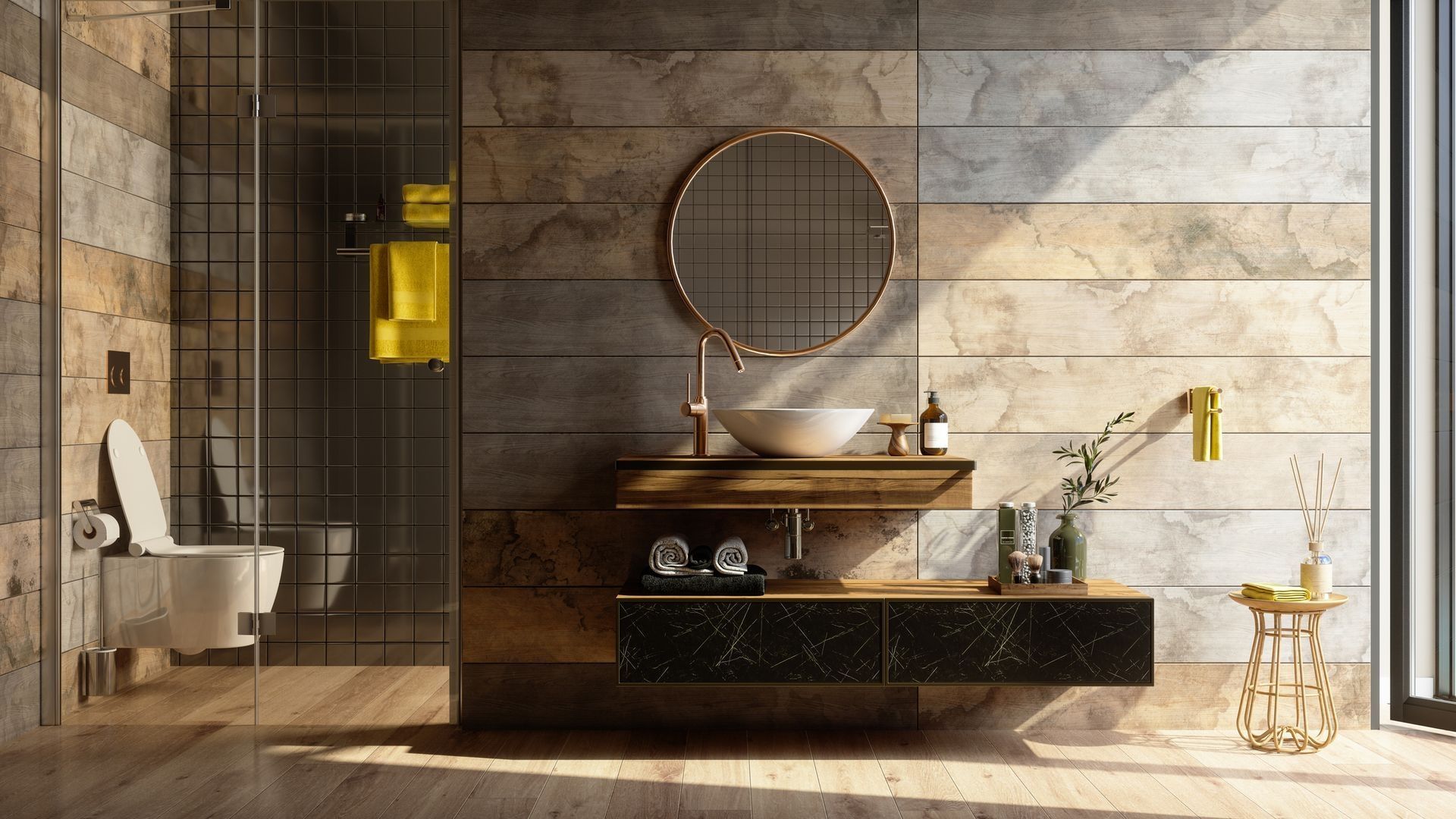 A bathroom with two sinks and a bathtub A bathroom with a sink , toilet , and mirror.