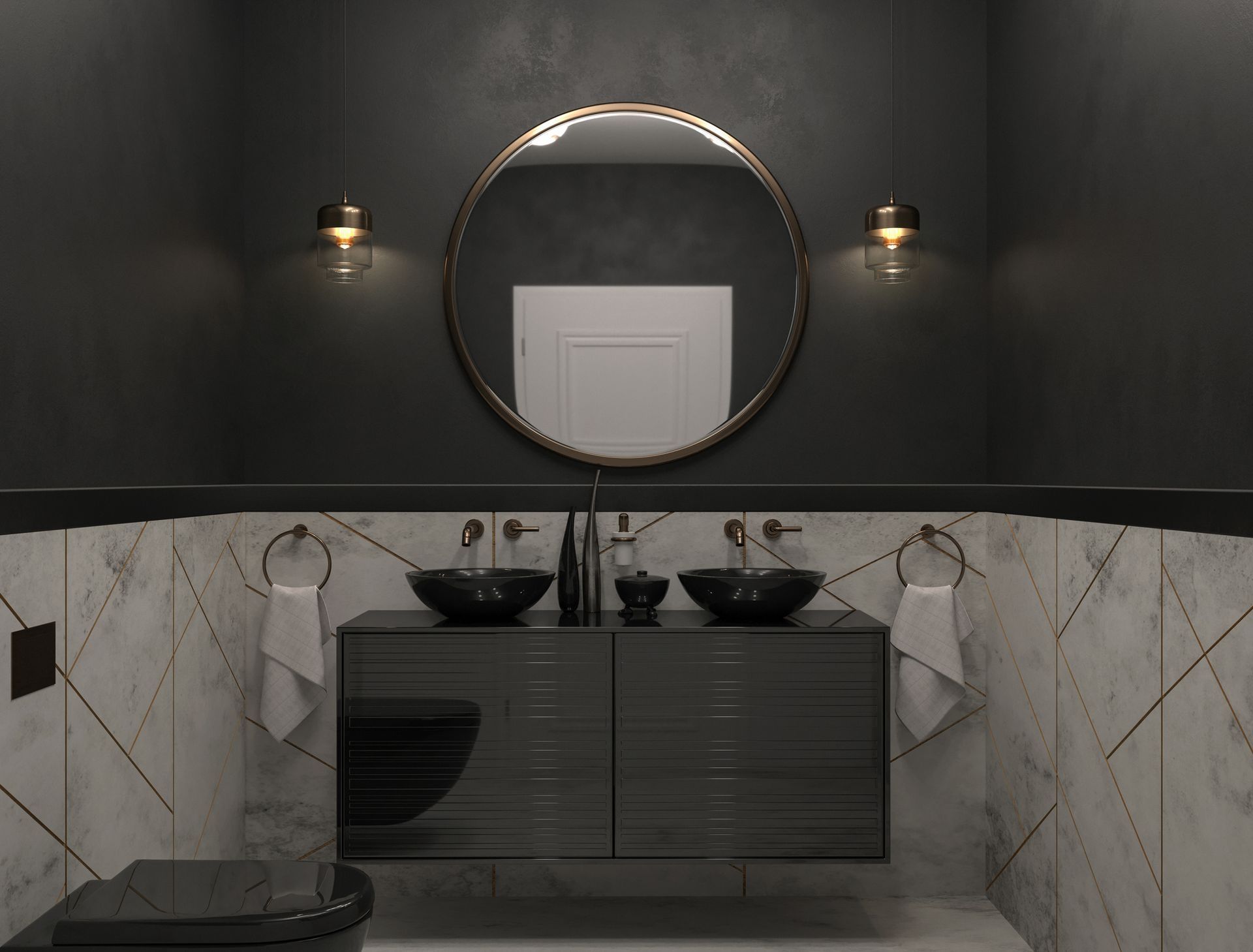 A bathtub with candles and soap on a wooden tray. A bathroom with two sinks , a toilet and a mirror.