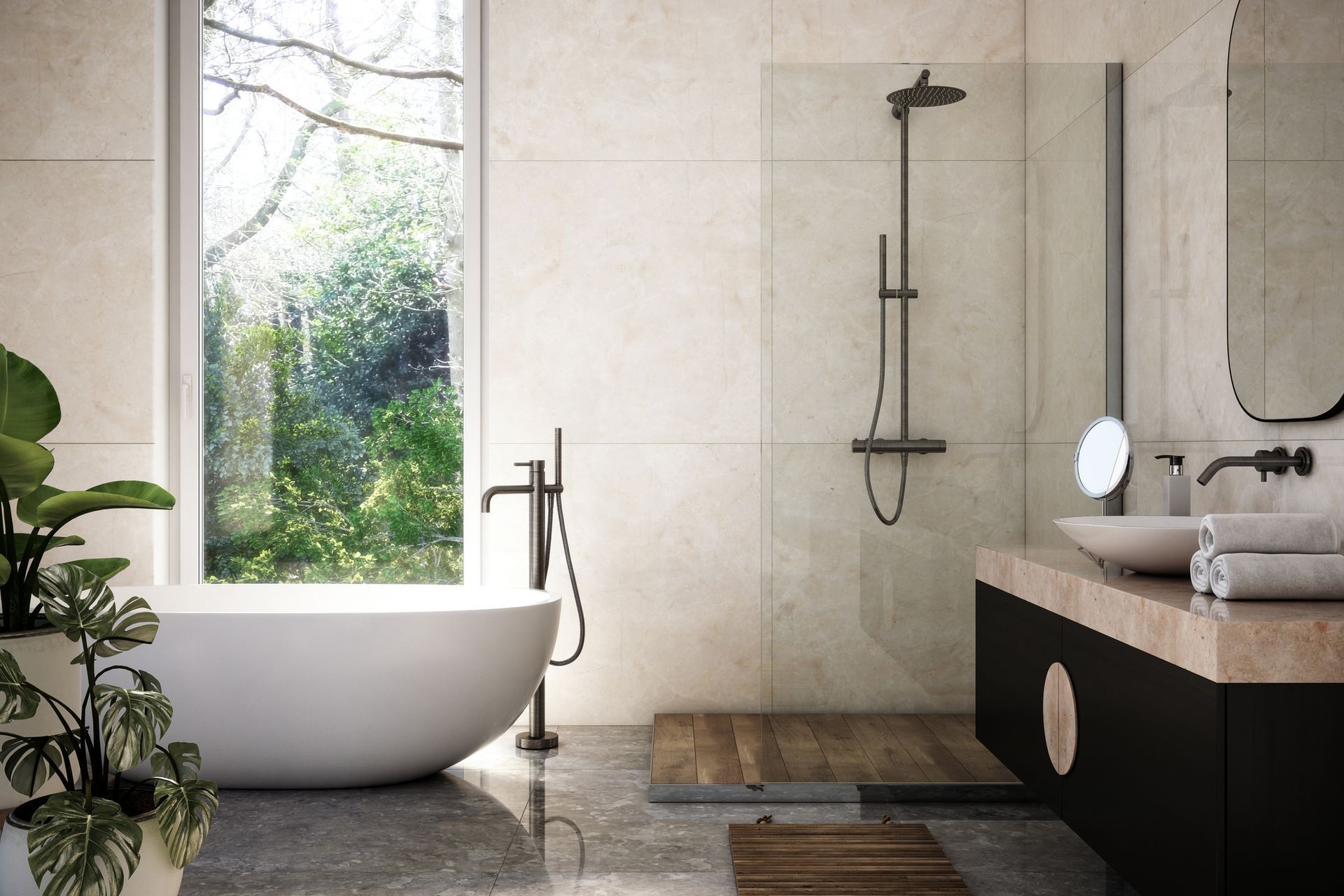 A bathroom with a tub , sink , mirror and shower. A bathroom with a tub , sink , mirror and shower.