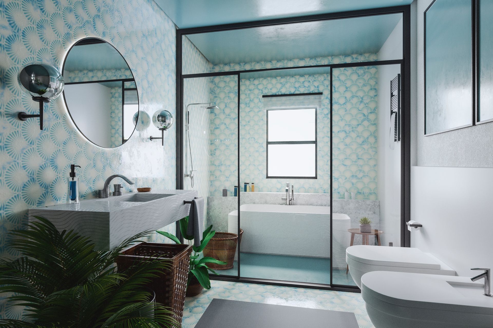 A bathroom with a bathtub , sink , toilet and mirror. A bathroom with a bathtub , sink , toilet and mirror.