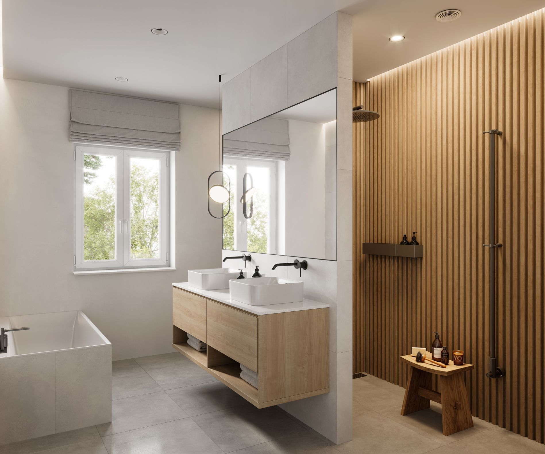 A bathroom with two sinks and a large mirror. A bathroom with two sinks and a large mirror.