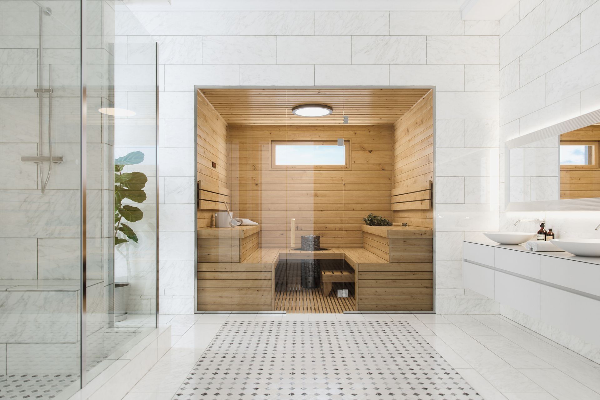 A bathroom with a wooden sauna and a walk in shower.