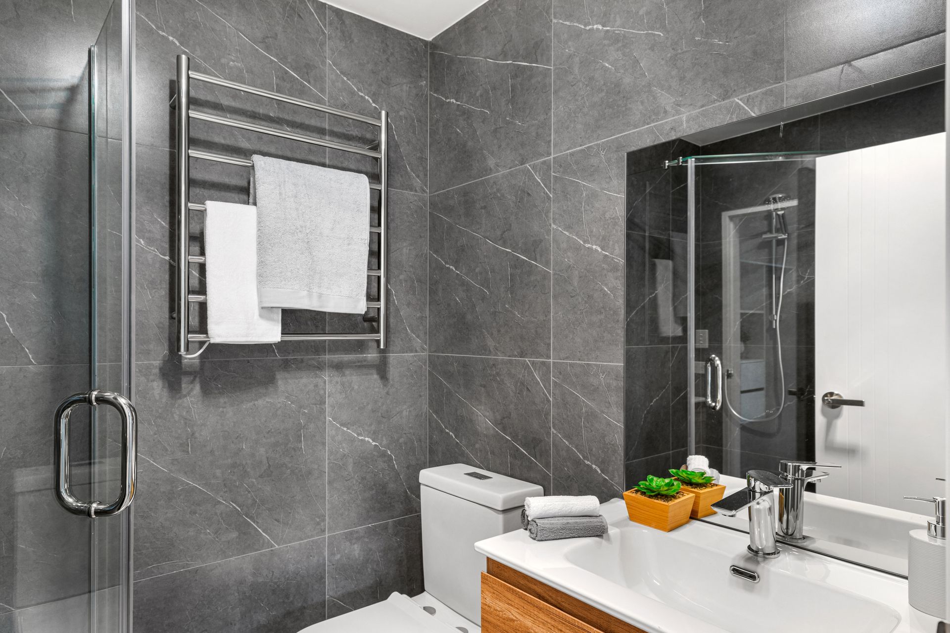 A remodeled luxury bathroom.