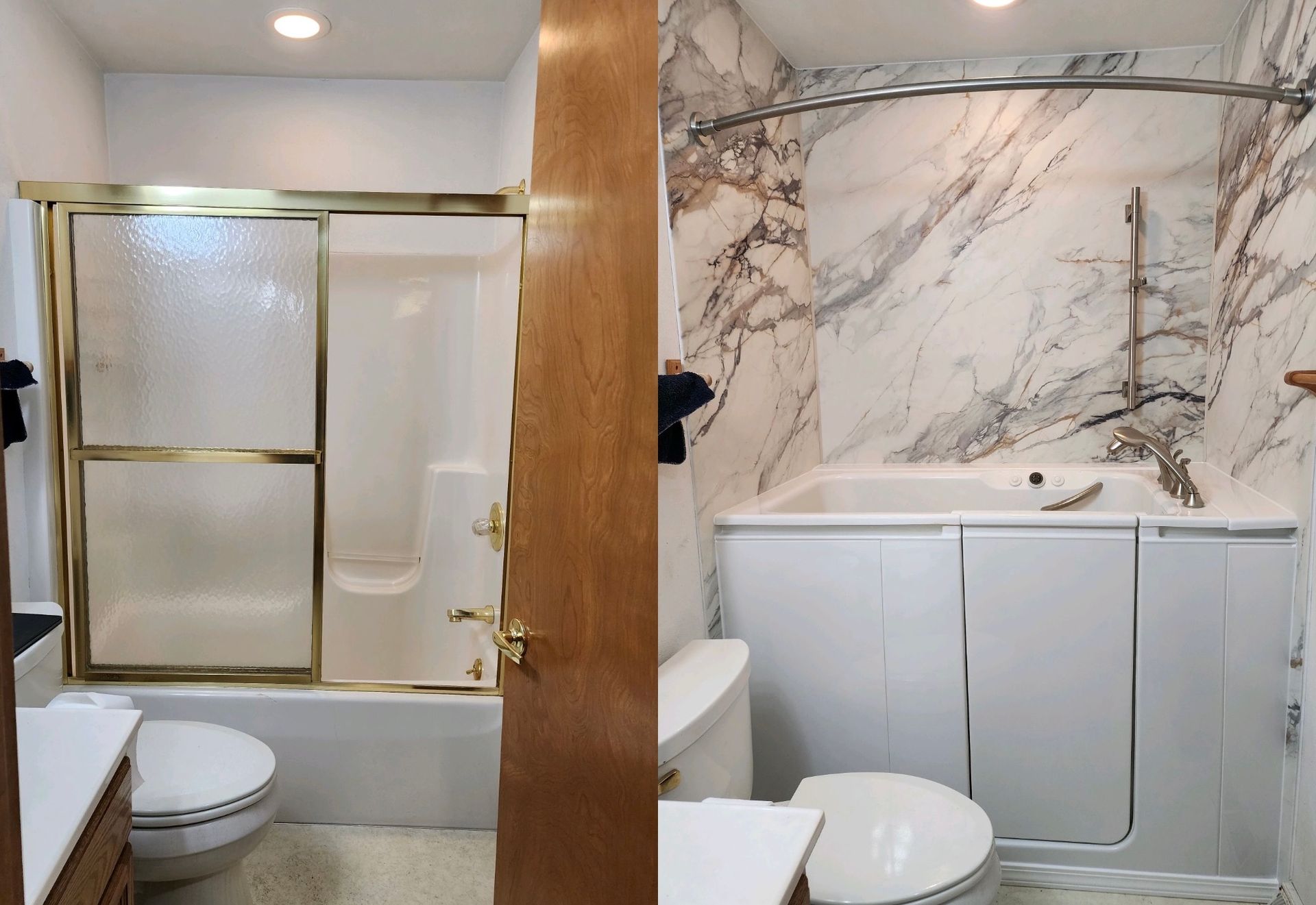 A before and after photo of a bathroom with marble walls.