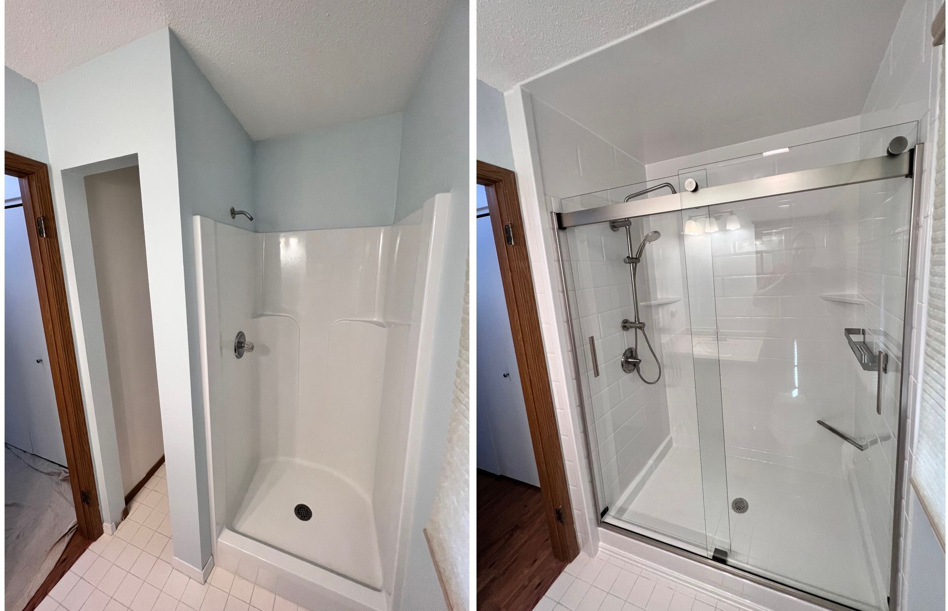 A before and after picture of a bathroom shower with a glass door.