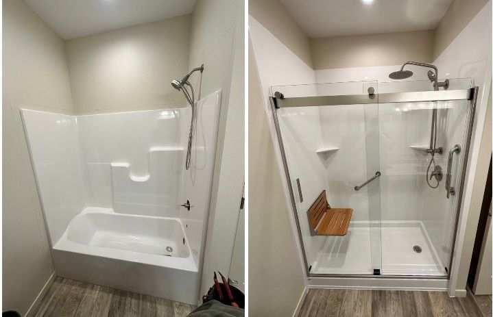 A bathroom with a bathtub and a shower with a sliding glass door.