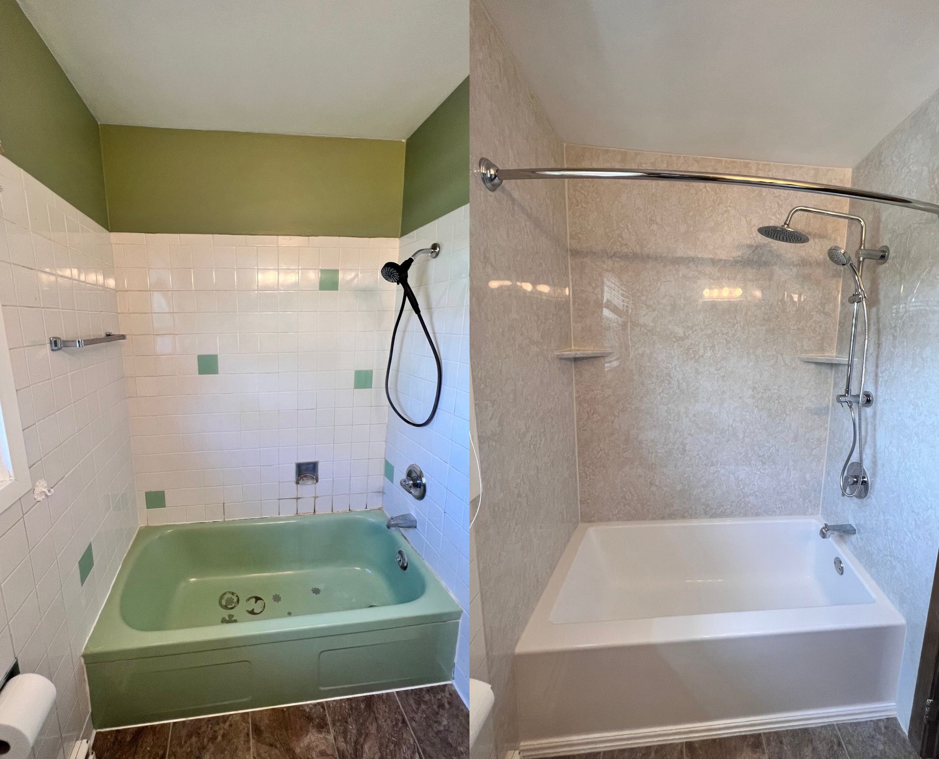 A before and after photo of a bathtub and shower.