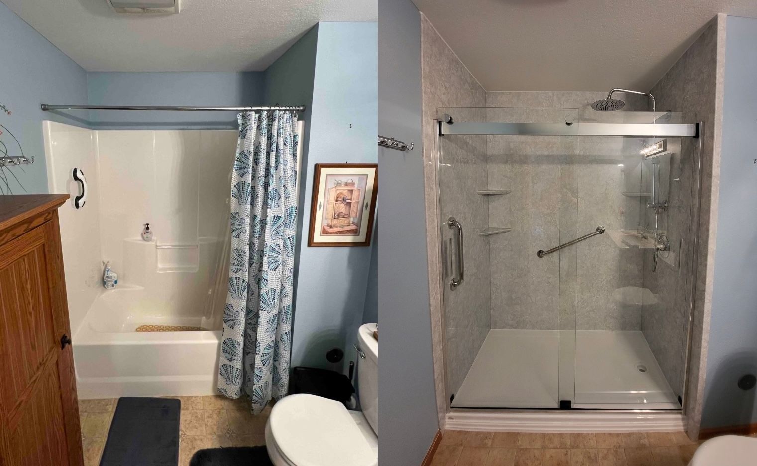 A before and after photo of a bathroom with a tub and a shower.