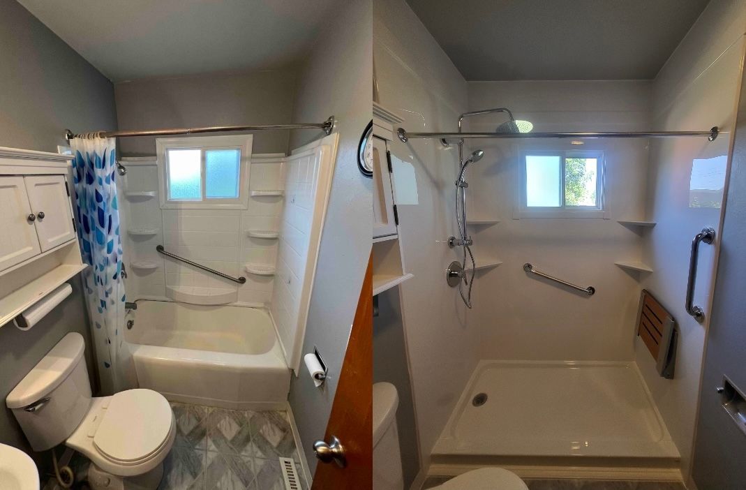 A before and after picture of a bathroom with a tub , toilet , shower and window.