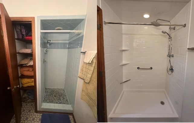 A before and after picture of a bathroom with a shower and a closet.