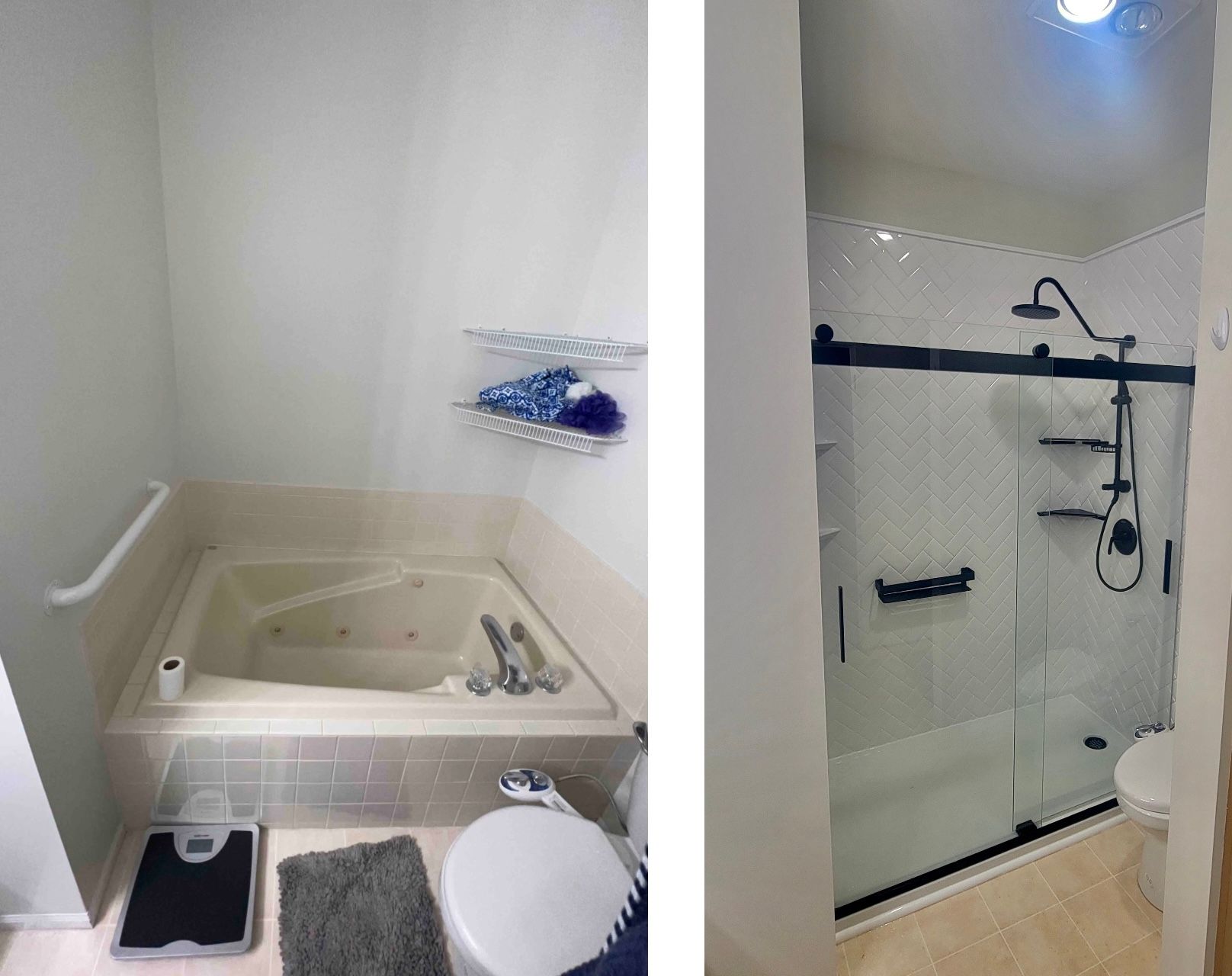 A bathroom with a bathtub , toilet , and shower.