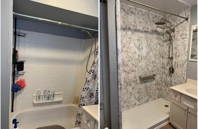 A before and after photo of a bathroom with a bathtub and shower.