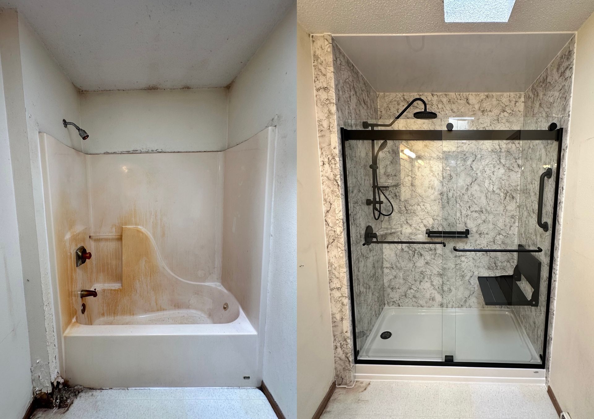 A before and after picture of a bathroom with a bathtub and a shower.