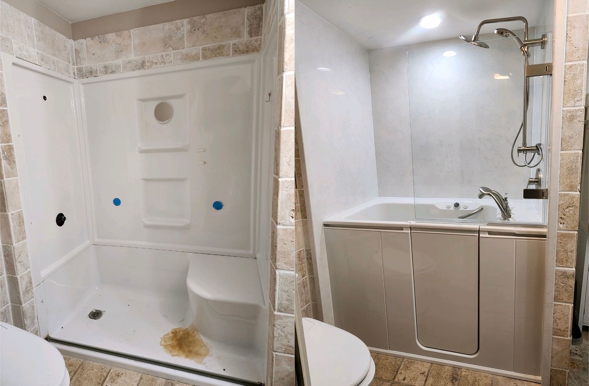 A before and after picture of a bathroom with a walk in shower and a bathtub.