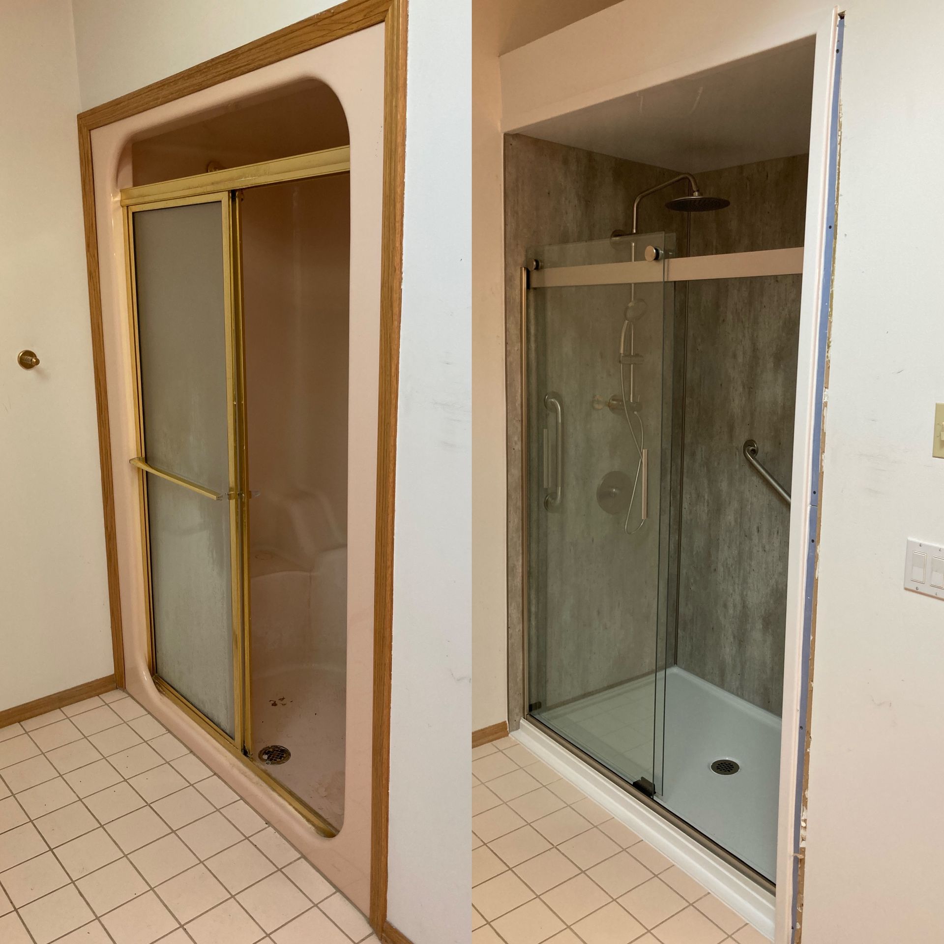 A before and after picture of a shower with a sliding glass door