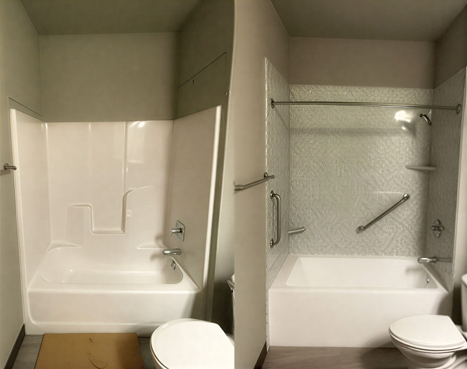 A before and after of a shower remodel.