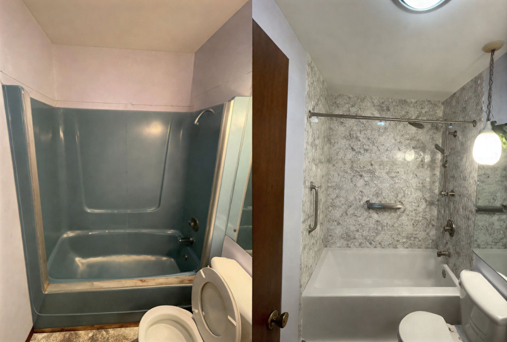 A before and after of a shower remodel.