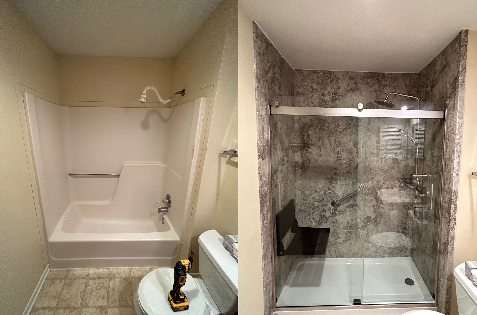 A before and after picture of a bathroom with a tub and a shower.