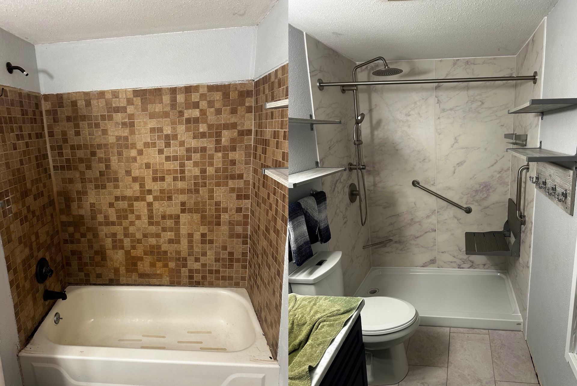 A before and after photo of a bathroom with a bathtub and a toilet.