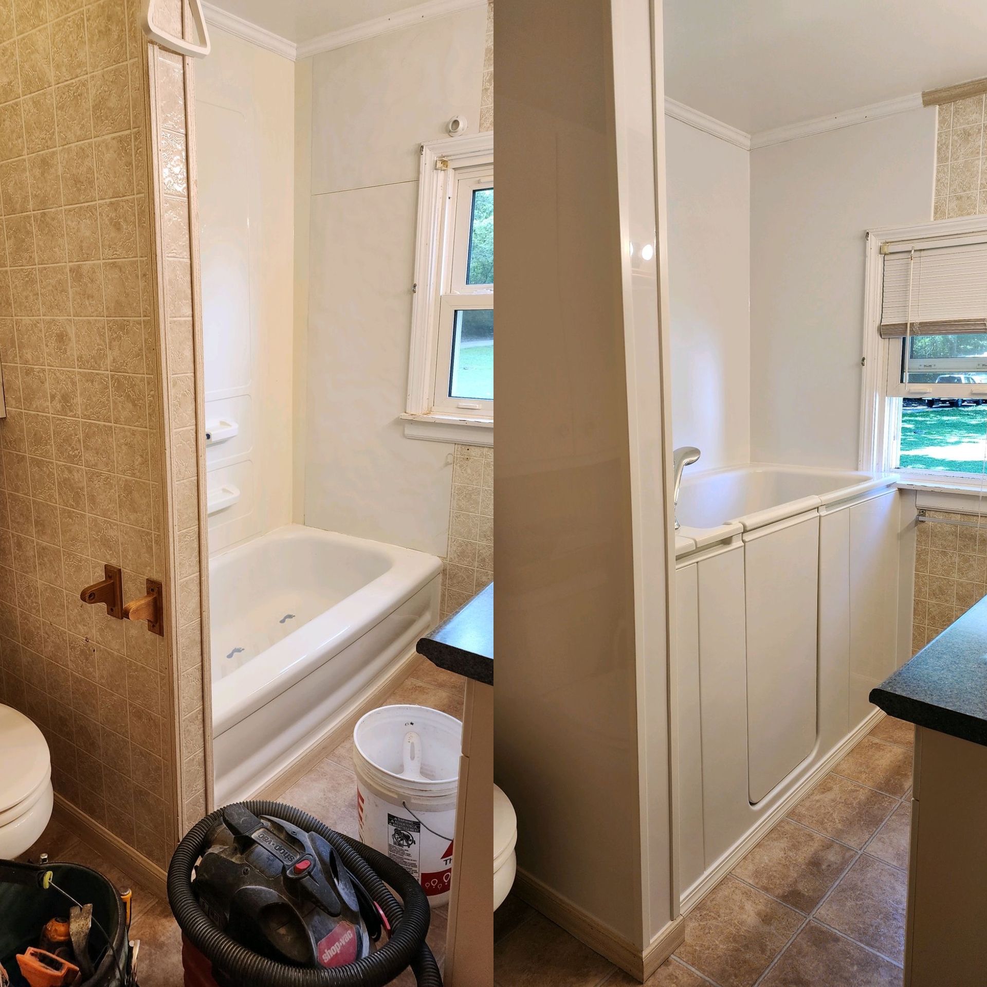 A before and after photo of a bathroom
