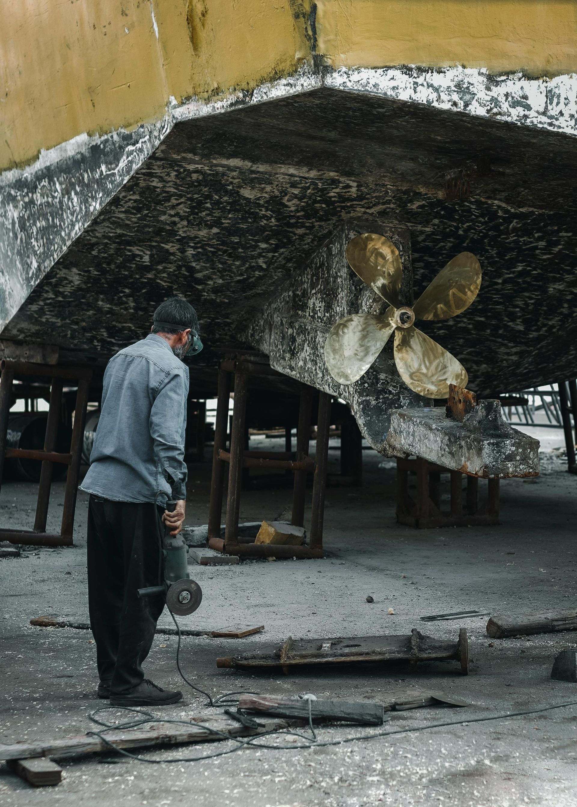 A man grinds the underside of a boat with a metal grinder in a shipyard. The boat is yellow and sits on wooden supports.
