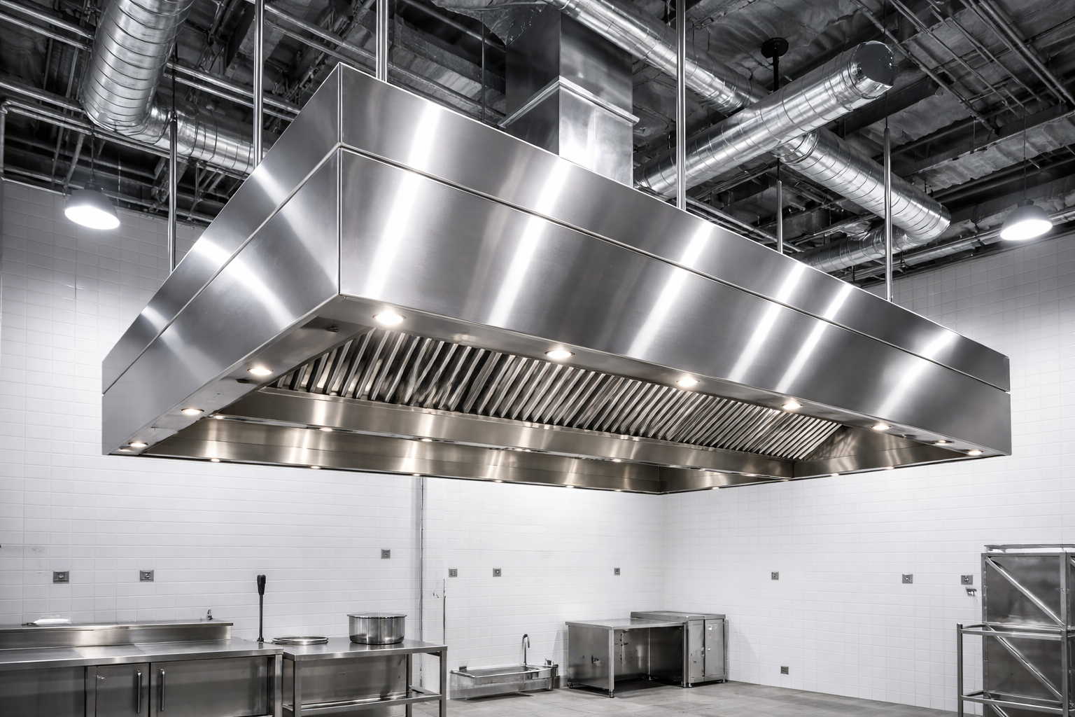 Stainless steel commercial kitchen range hood above cooking area, with vents and lights.