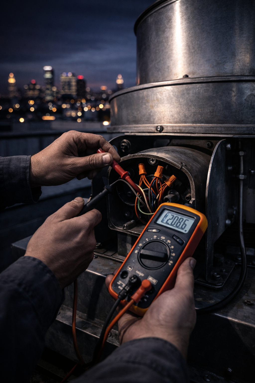 Electrician using a multimeter on machinery, city skyline at dusk in background.