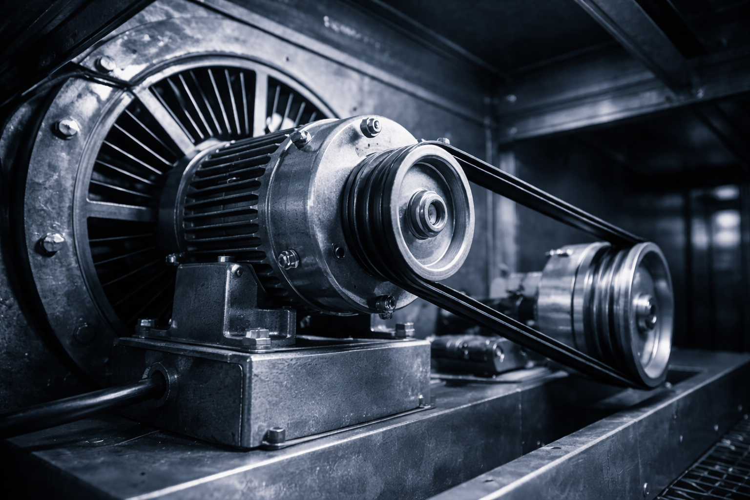 Close-up of industrial machinery: an electric motor with a belt-driven pulley system.