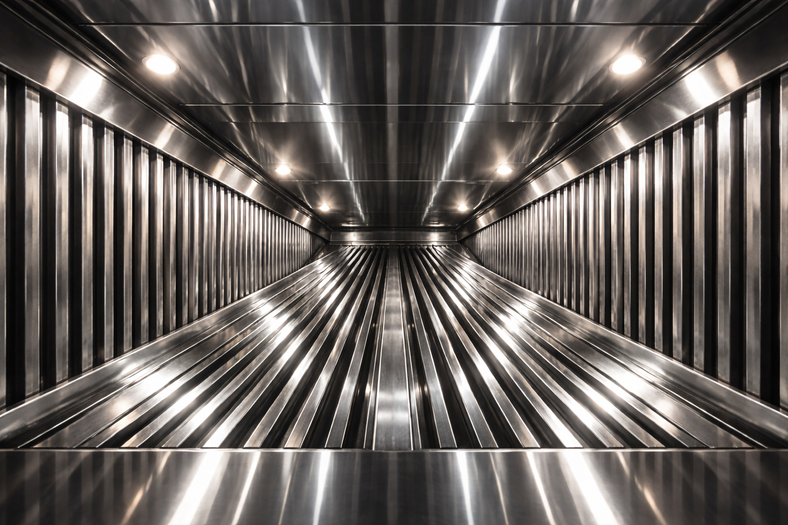 Inside of a commercial kitchen exhaust hood with stainless steel surfaces and lights.