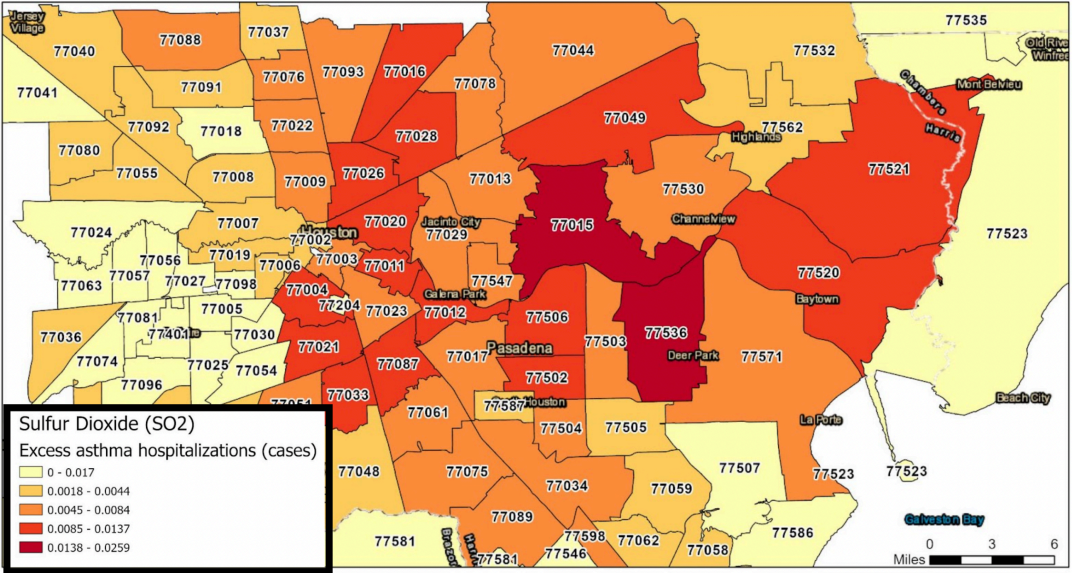 A map showing the number of yearly hospitalizations due to asthma triggers, categorized by zip code in Houston.