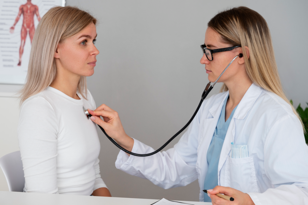 A female patient getting checked by her doctor as part of her women’s physical exam