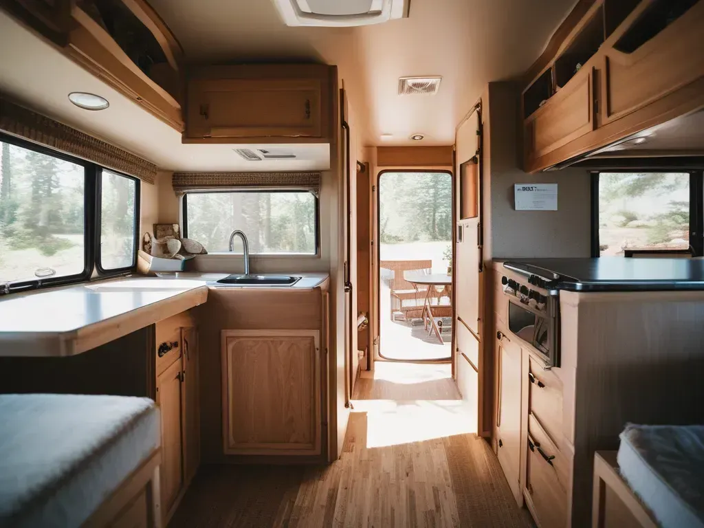 The inside of a rv with wooden cabinets and a sink.